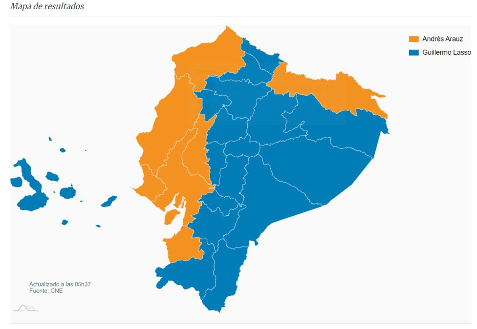 Карта результатов второго тура президентских выборов в Эквадоре