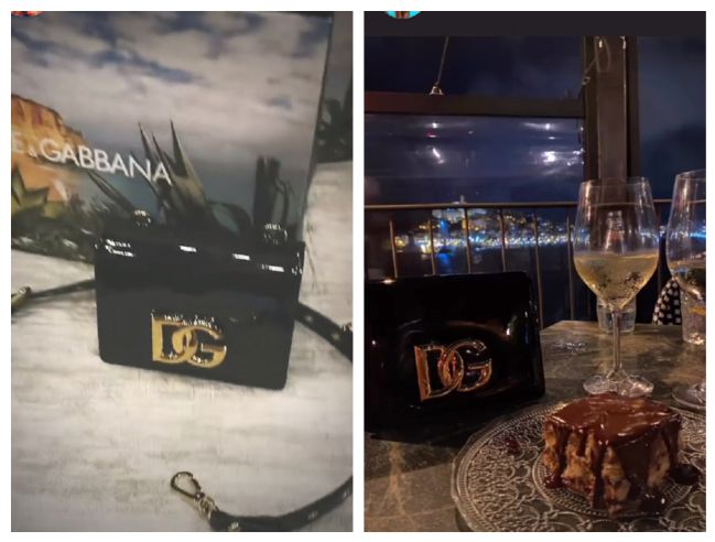 A la izquierda, la imagen publicada por Jesé. A la derecha, el mismo bolso durante la cena que ambos disfrutaron.