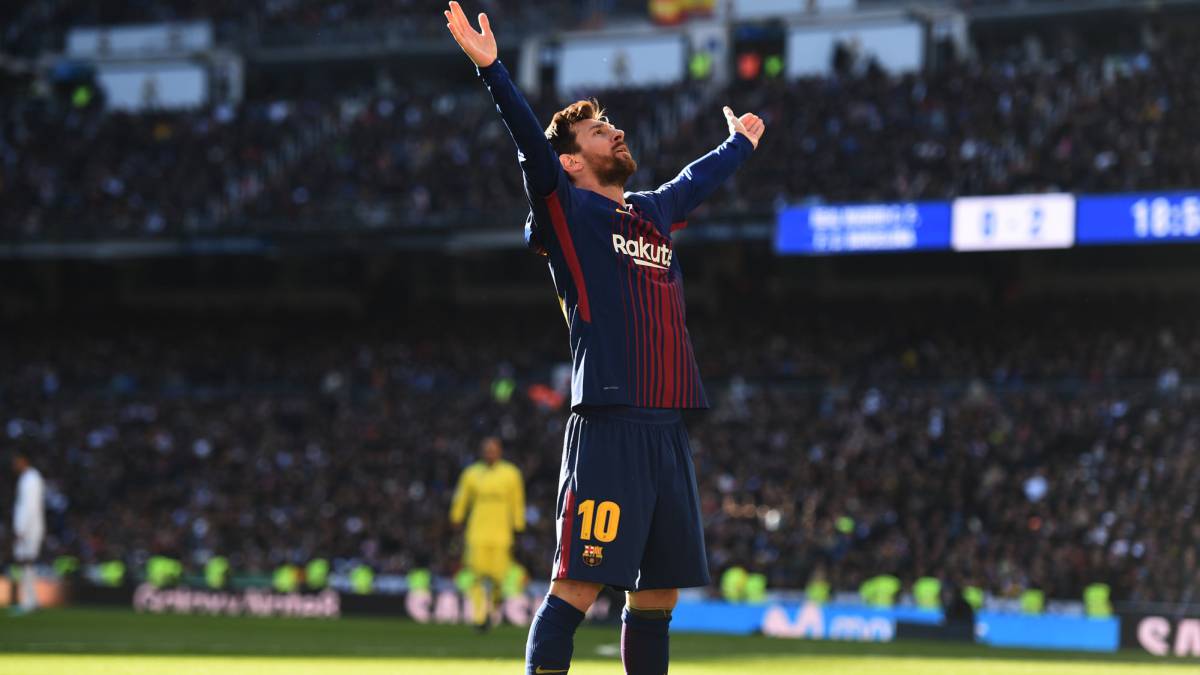 Messi celebra su último gol en el Bernabéu.